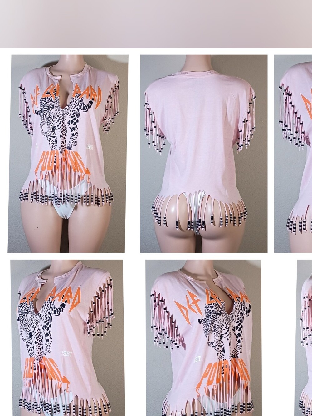 Def Leppard Distressed  Pink Graphic Fringe Tee With Beads